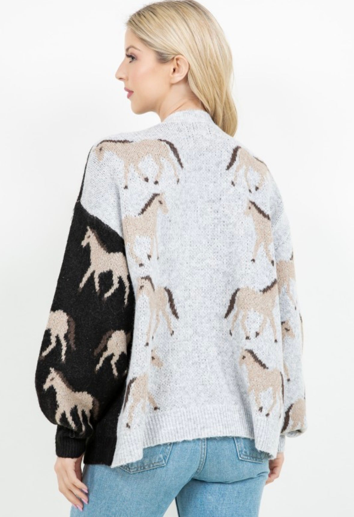Cozy Two-Tone Horse Print Cardigan