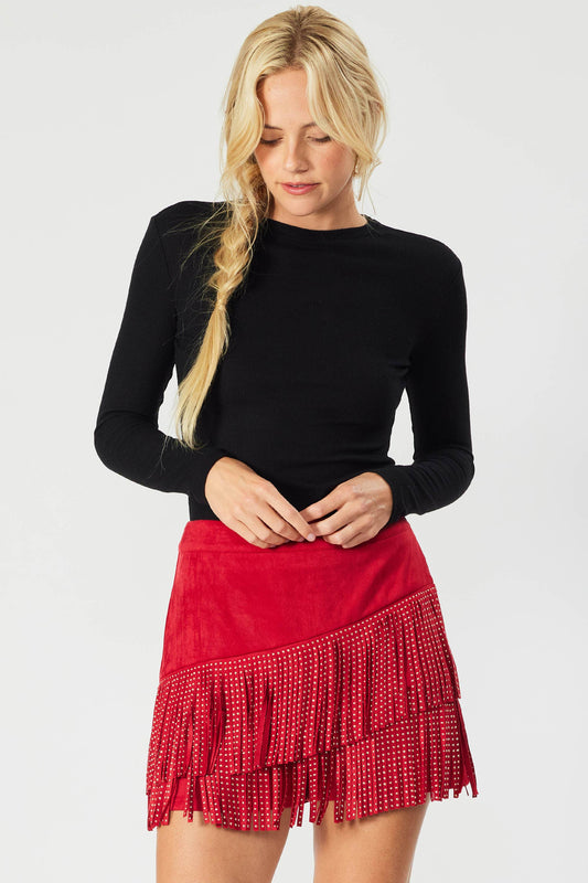 Red SKORT WITH STUDDED FRINGES AND SIDE ZIPPER