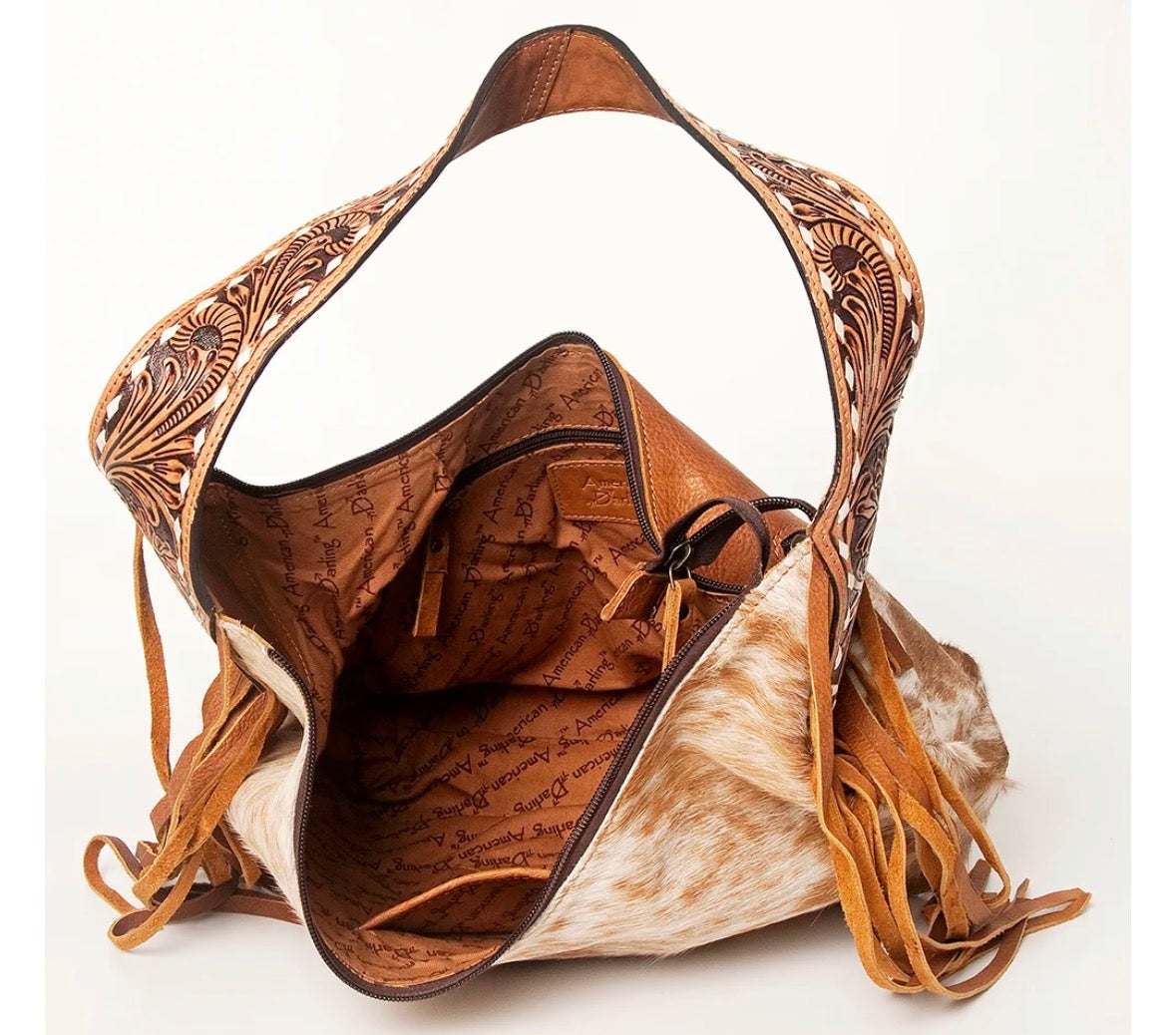 American Darling Hair-On Cowhide Fringe Hobo Bag Floral Tooled Leather