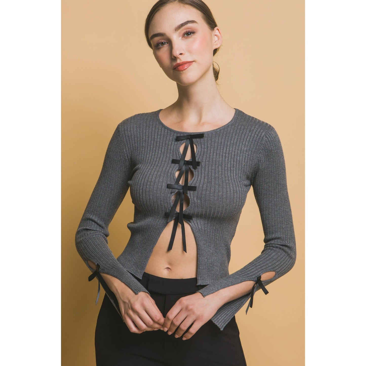 Grey Lace Up Ribbon Long Sleeve Top