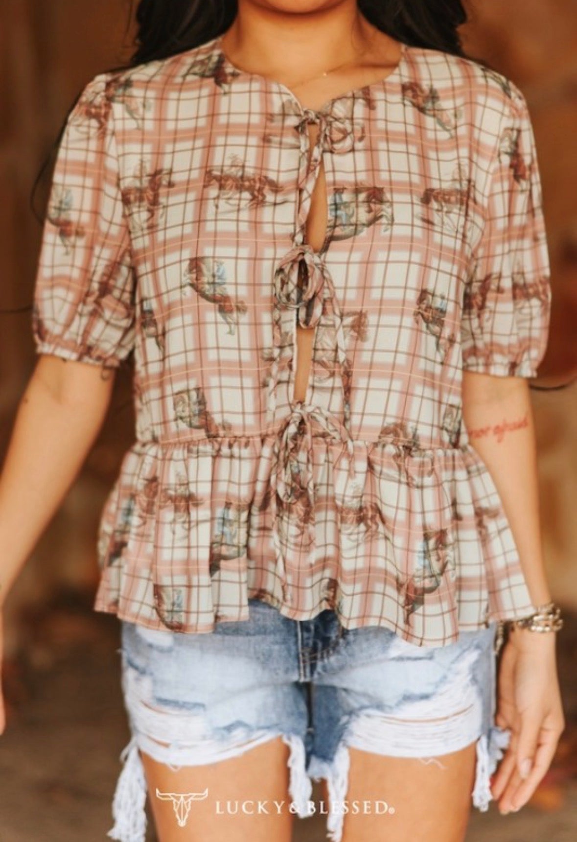 Lucky and Blessed Rustic Rodeo Peplum Top