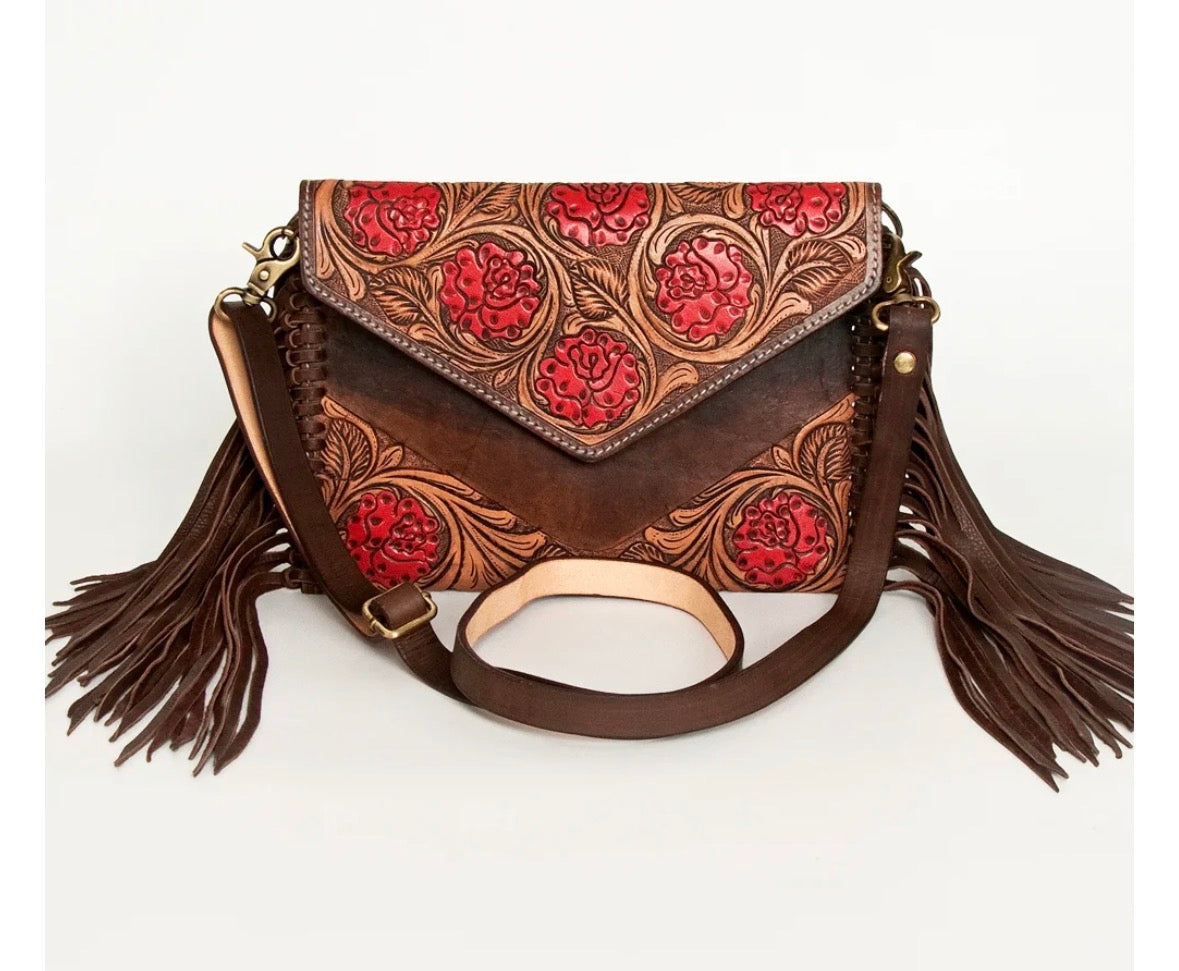 American Darling Hand Tooled Floral Carved Leather Envelope With Fringes