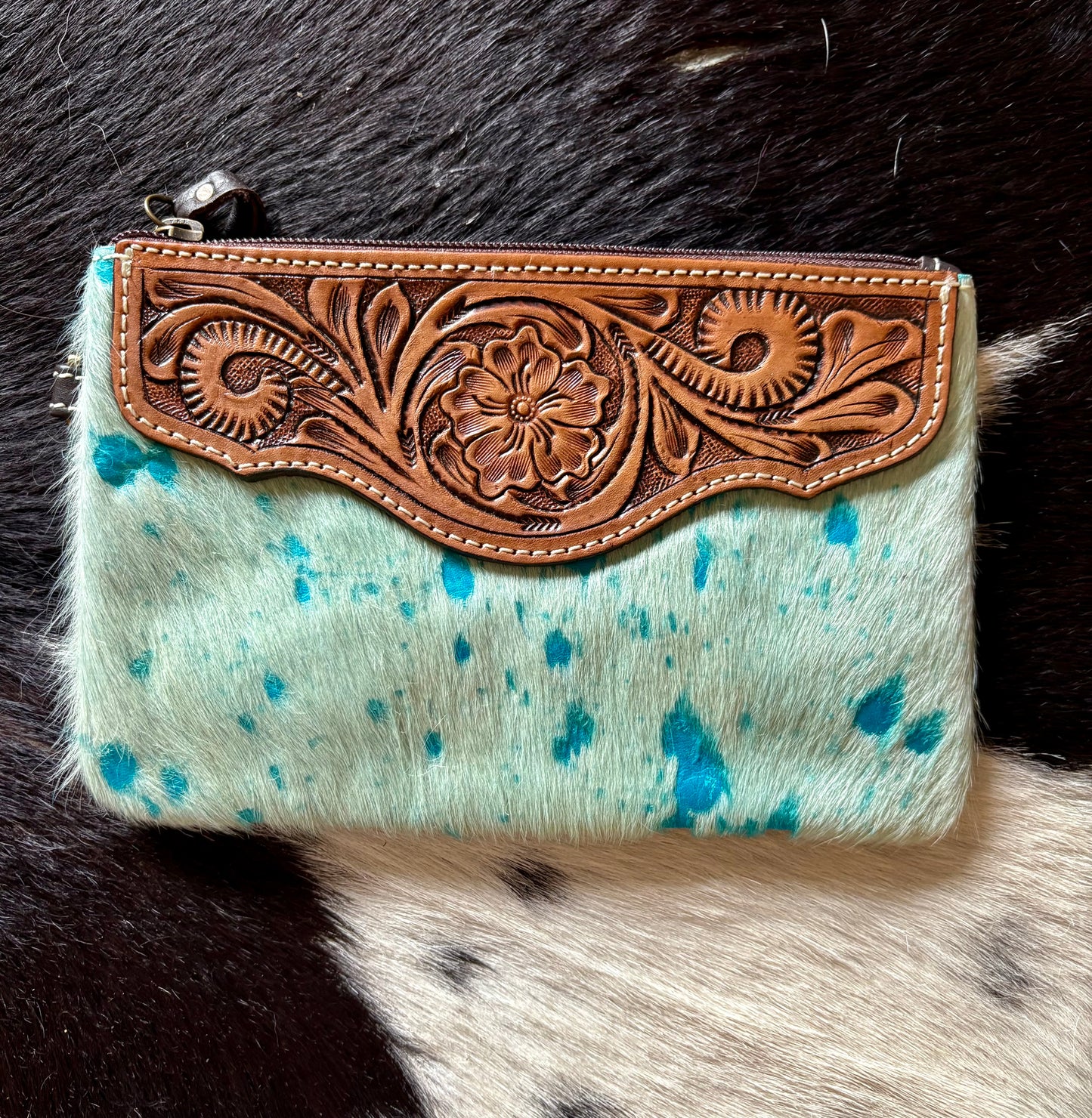 Turquoise cowhide handtooled wristlet