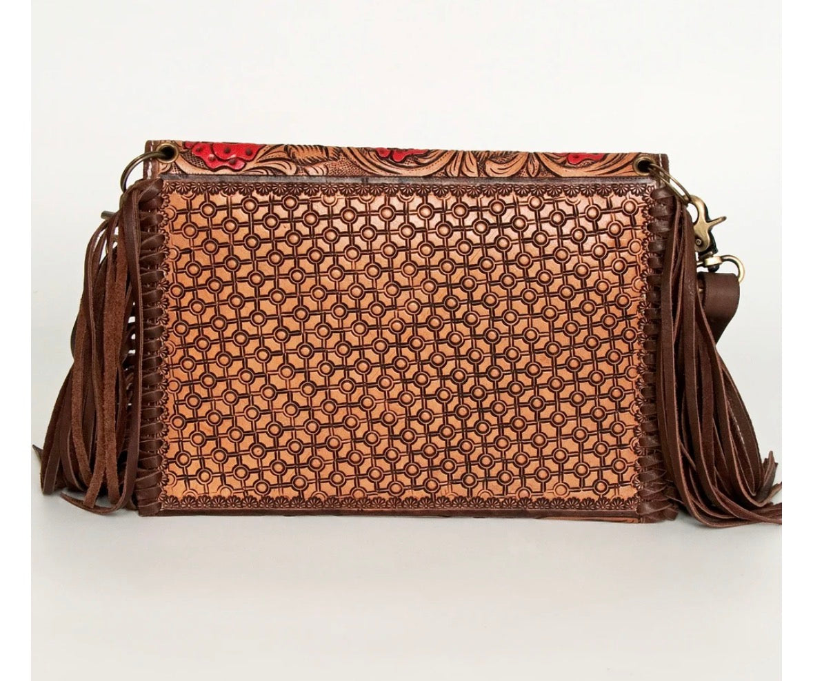 American Darling Hand Tooled Floral Carved Leather Envelope With Fringes