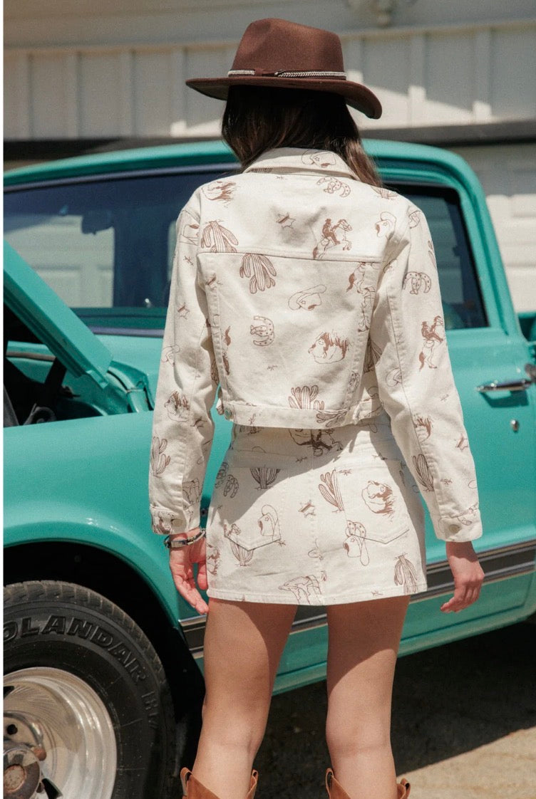 Western All Over Printed Trucker Jacket - Ivory/Brown