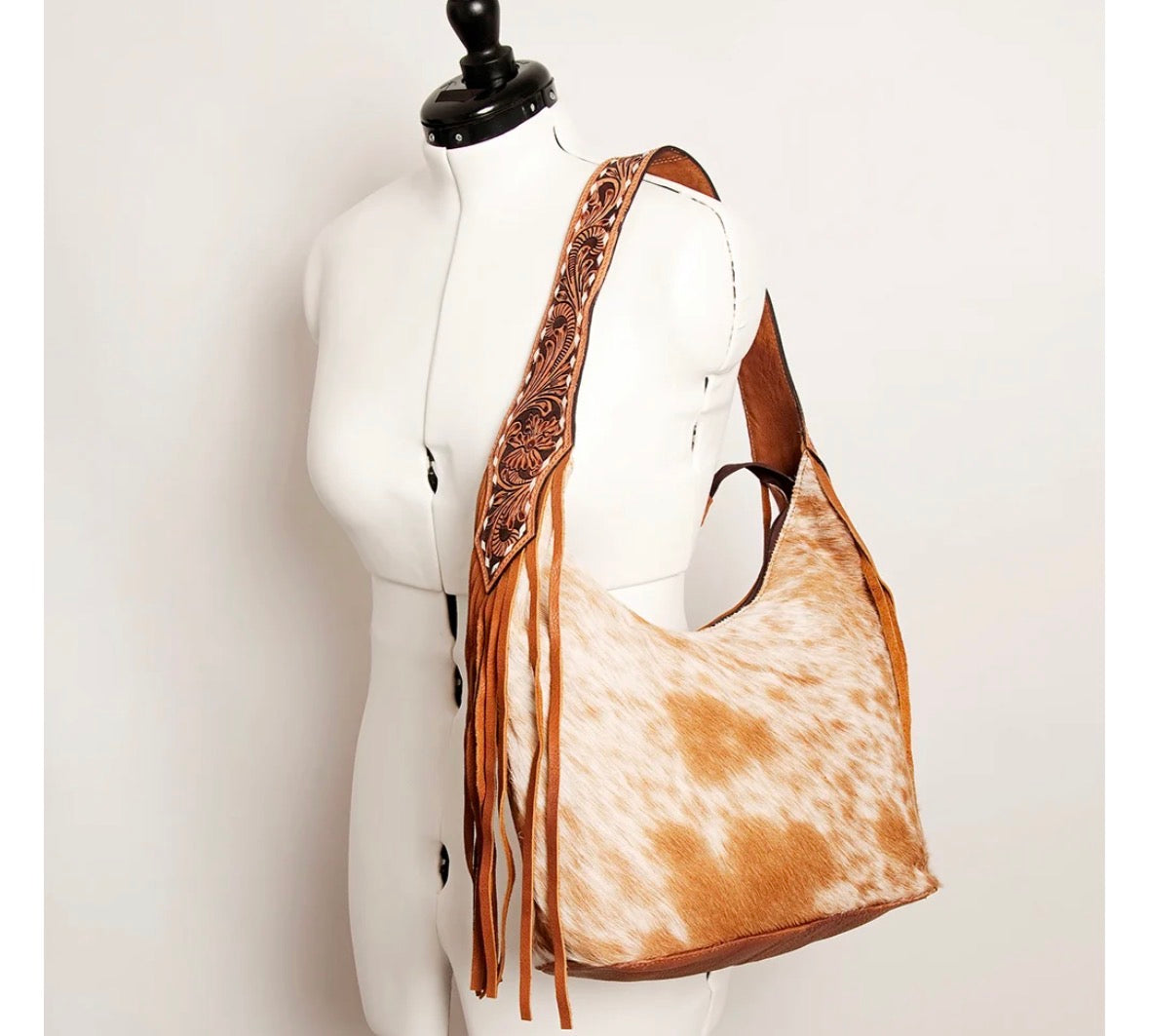 American Darling Hair-On Cowhide Fringe Hobo Bag Floral Tooled Leather