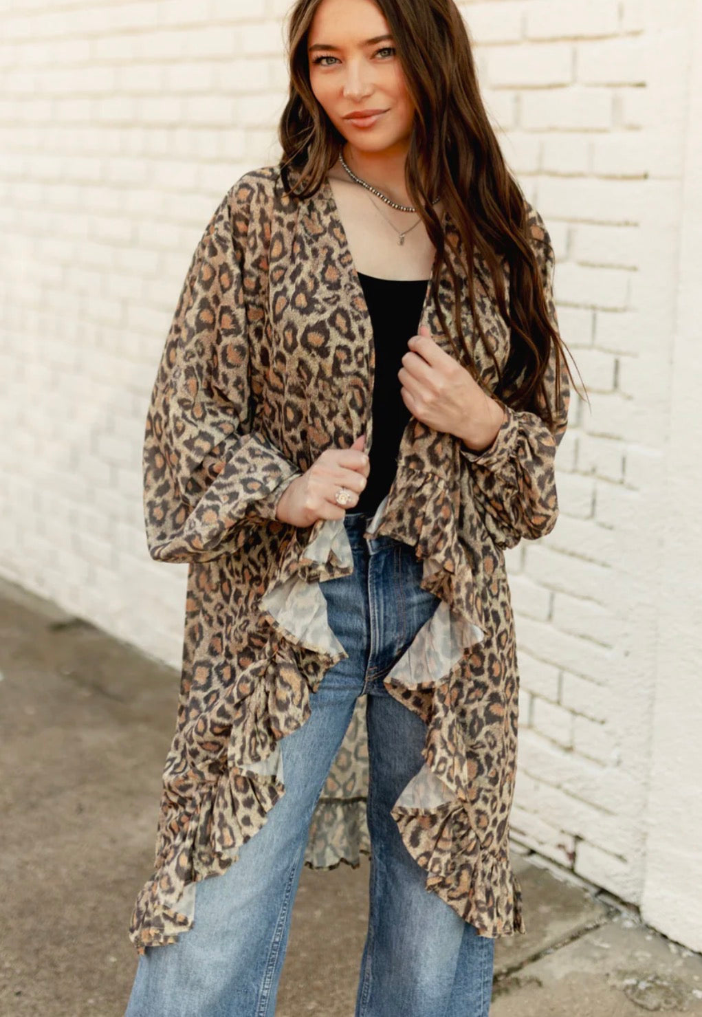 Turquoise Haven Ruffle Trim Leopard Kimono – Brown/Tan