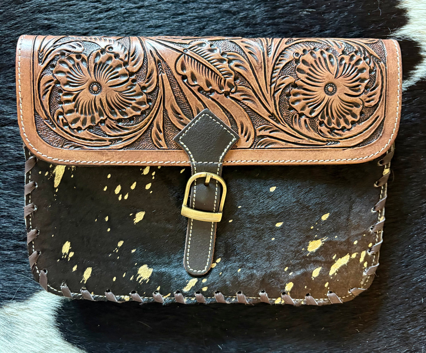 Iceberg purse black hide with gold black or brown tooling