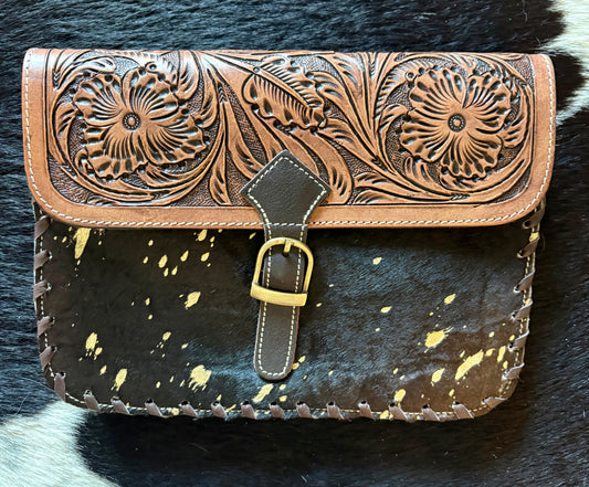 Iceberg purse black hide with gold black or brown tooling