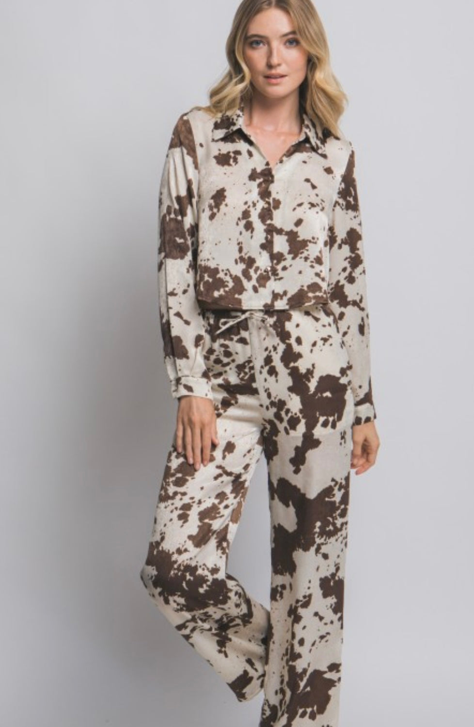 Cow print crop blouse in brown