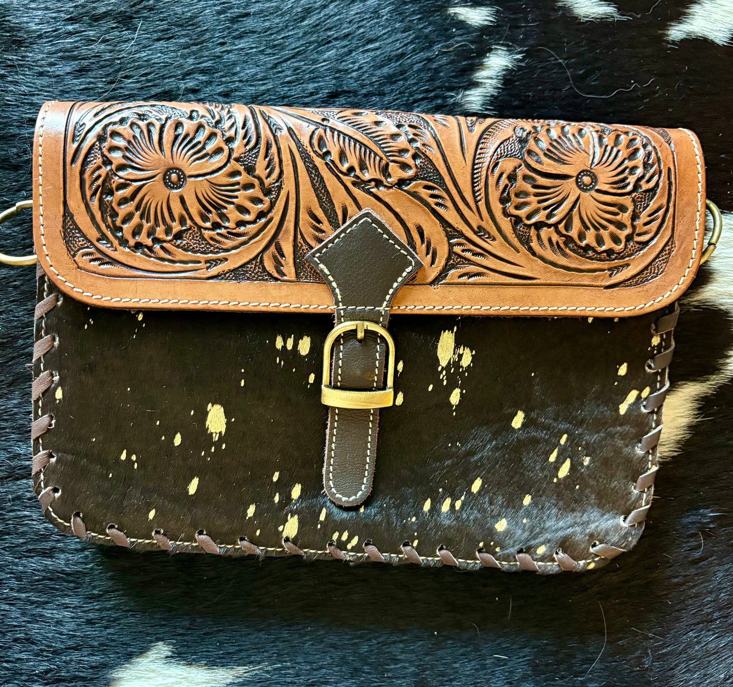 Iceberg purse black hide with gold black or brown tooling