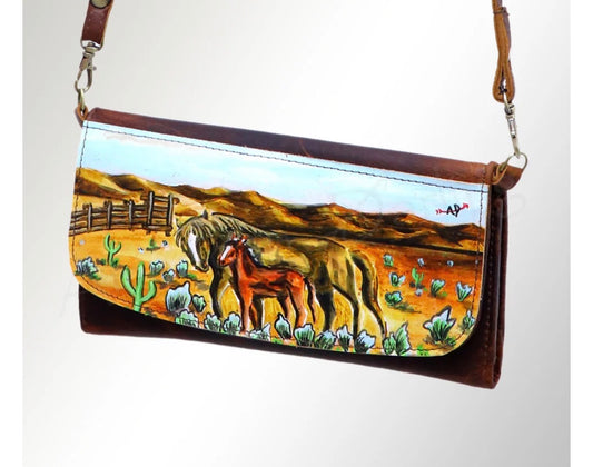 Hand-Painted Leather Crossbody Clutch - Western Design