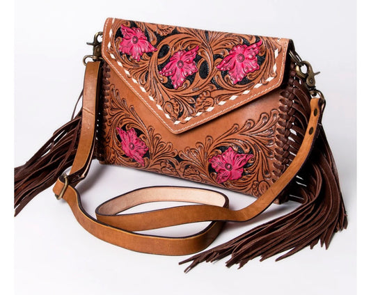 American Darling Hand Tooled Floral Carved Leather Envelope With Fringes
