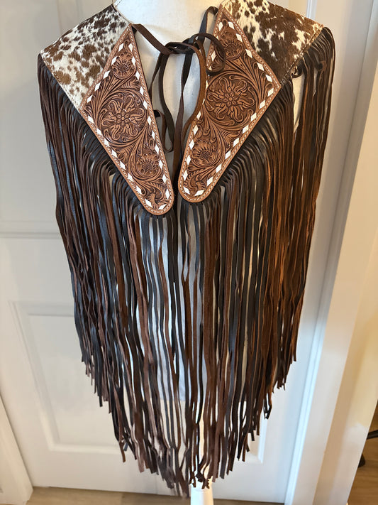 Handtooled hide fringe shawl brown