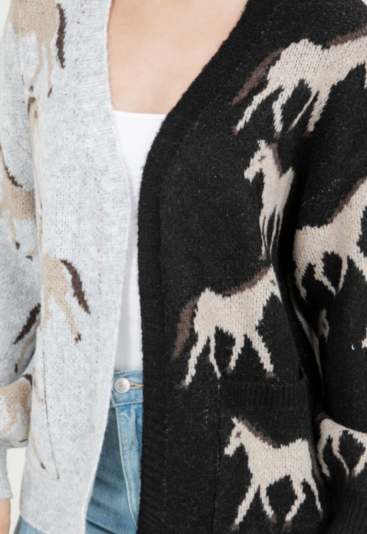 Cozy Two-Tone Horse Print Cardigan