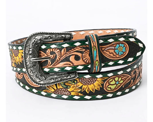 Tooled Leather Western Belt - Sunflower & Floral Scroll With Green Diamond Border
