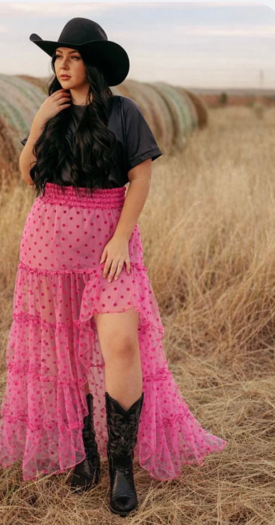 Turquoise Haven sheer Pink Polka Dot Tiered Western Maxi Skirt