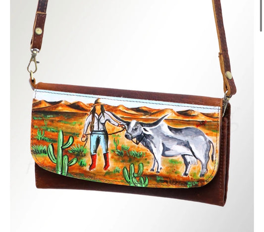 Hand-Painted Leather Crossbody Clutch - Western Design By American Darling