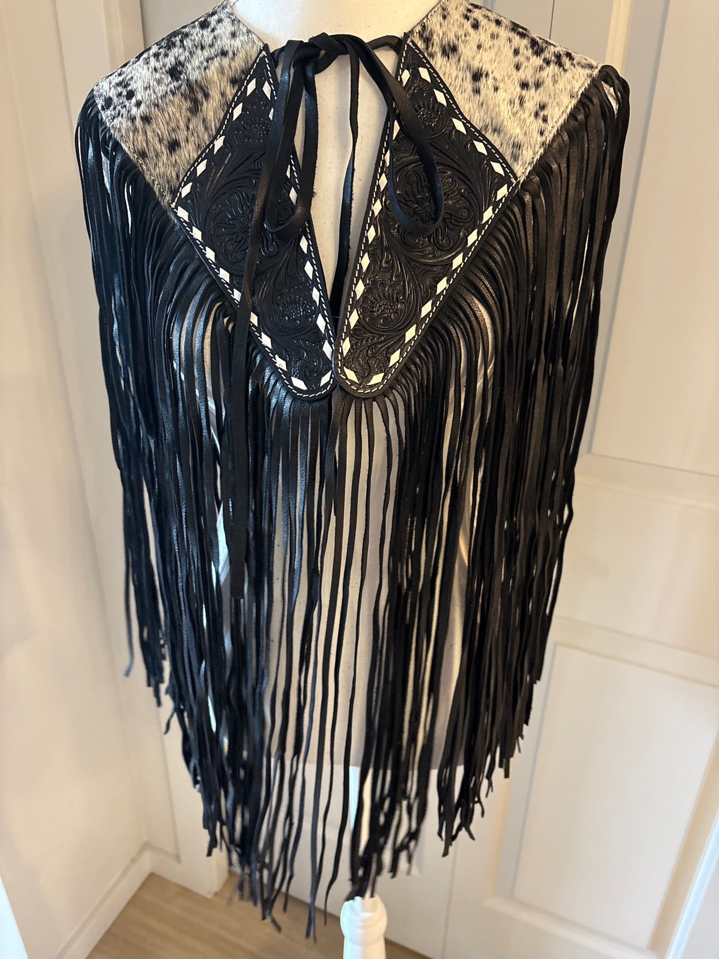 Handtooled hide fringe shawl black