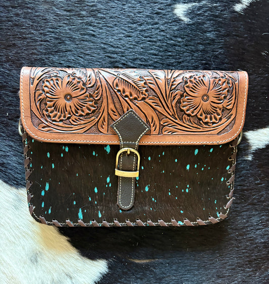 Iceberg bag turquoise flakes on hide black or white