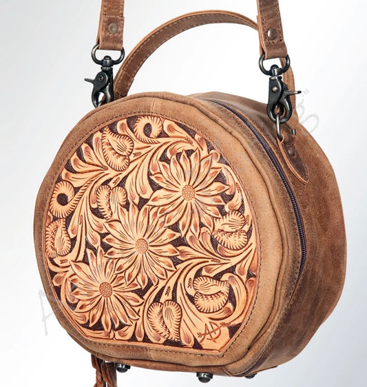 American Darling Hand Tooled Floral Leather Canteen Bag Western Crossbody