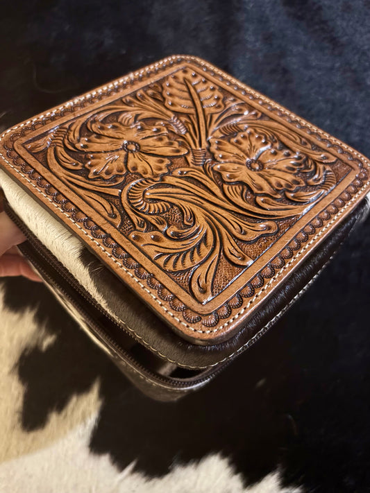 Leather tooled jewelry box with zipper closure