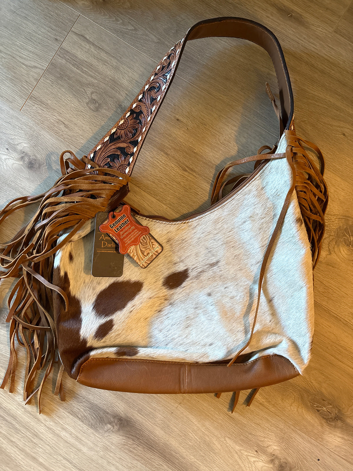 American Darling Hair-On Cowhide Fringe Hobo Bag Floral Tooled Leather