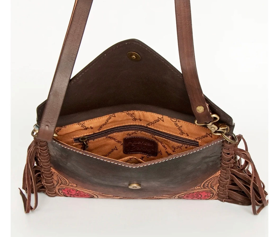 American Darling Hand Tooled Floral Carved Leather Envelope With Fringes