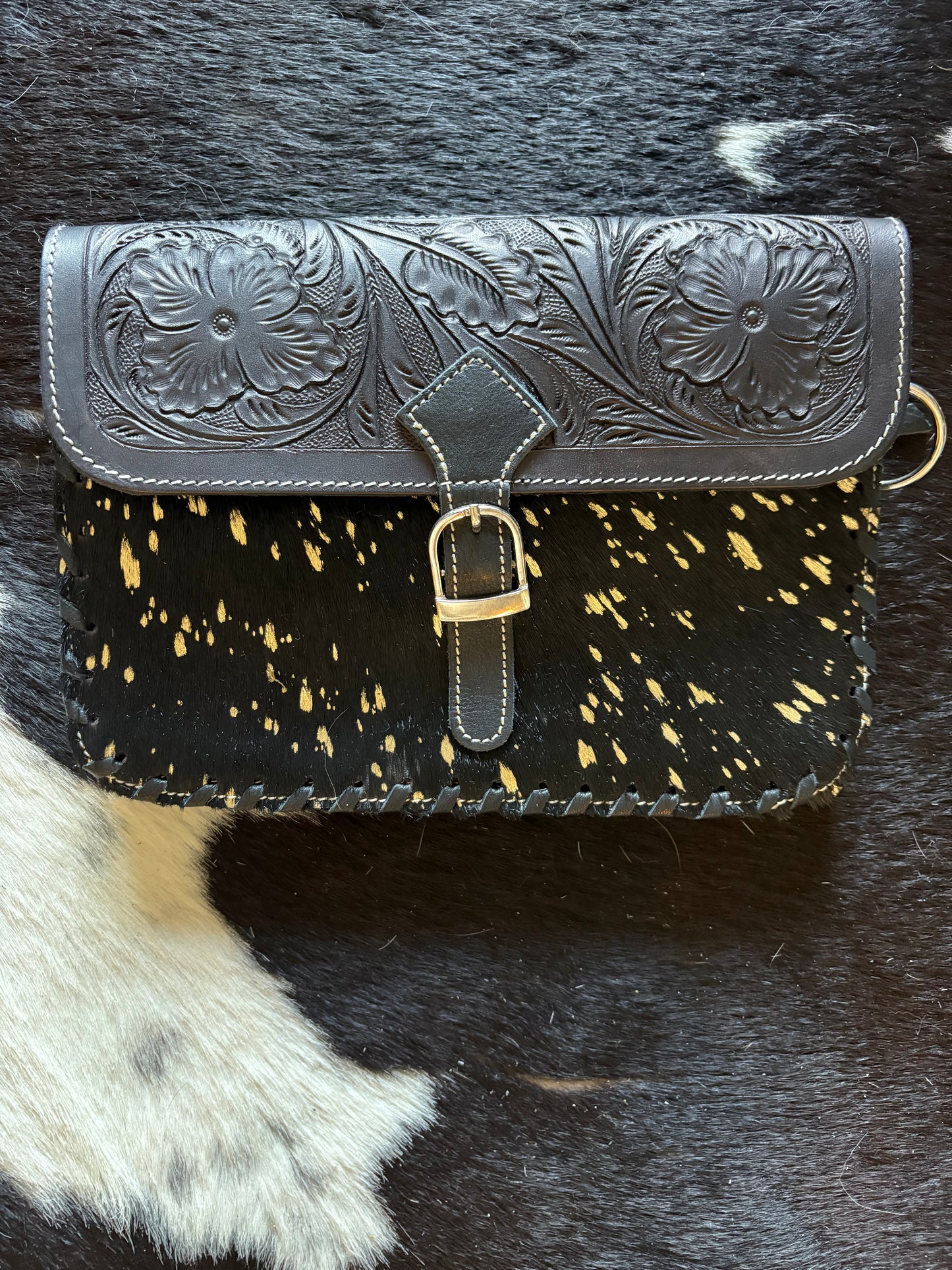 Iceberg purse black hide with gold black or brown tooling