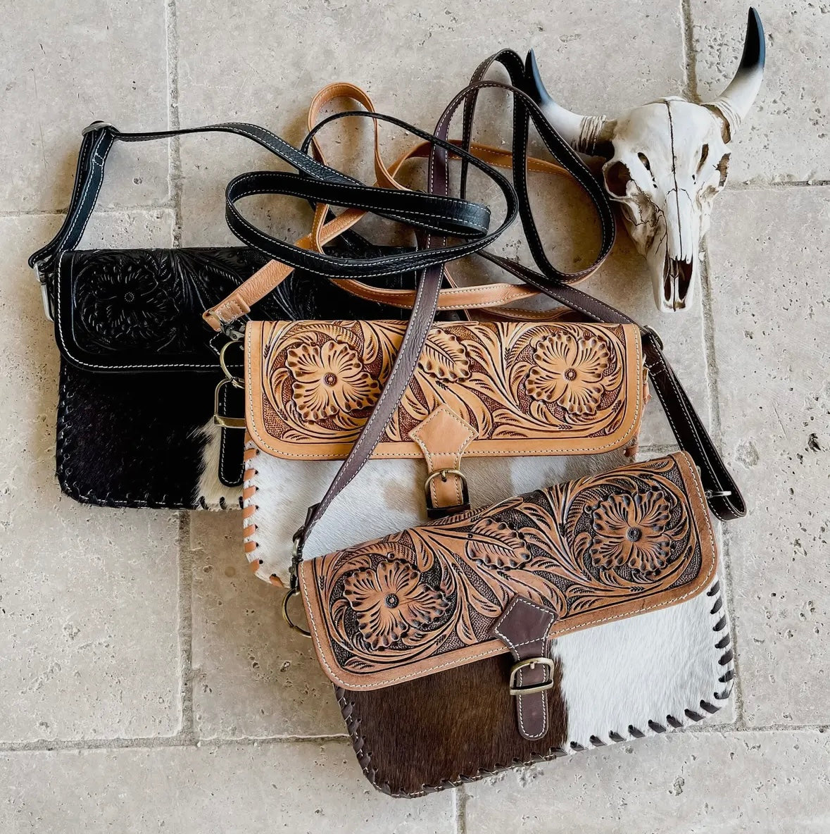 Iceberg purse black hide with gold black or brown tooling