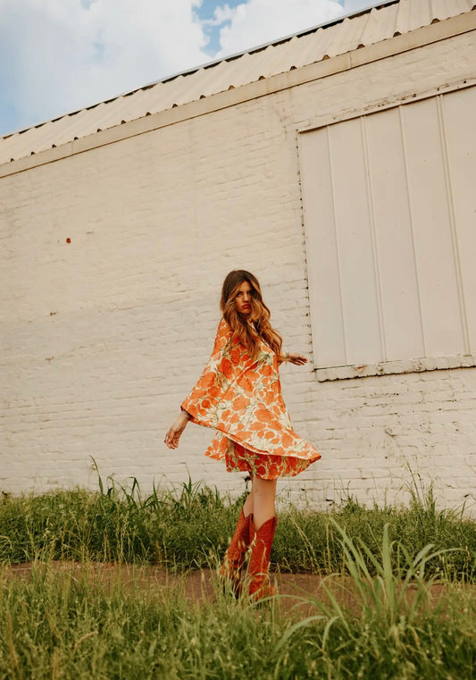 LADY THE BRAND LELLOW FLORAL KAFTAN MINI DRESS