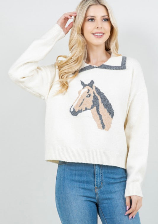 Last one M/L Collar horse knit sweater