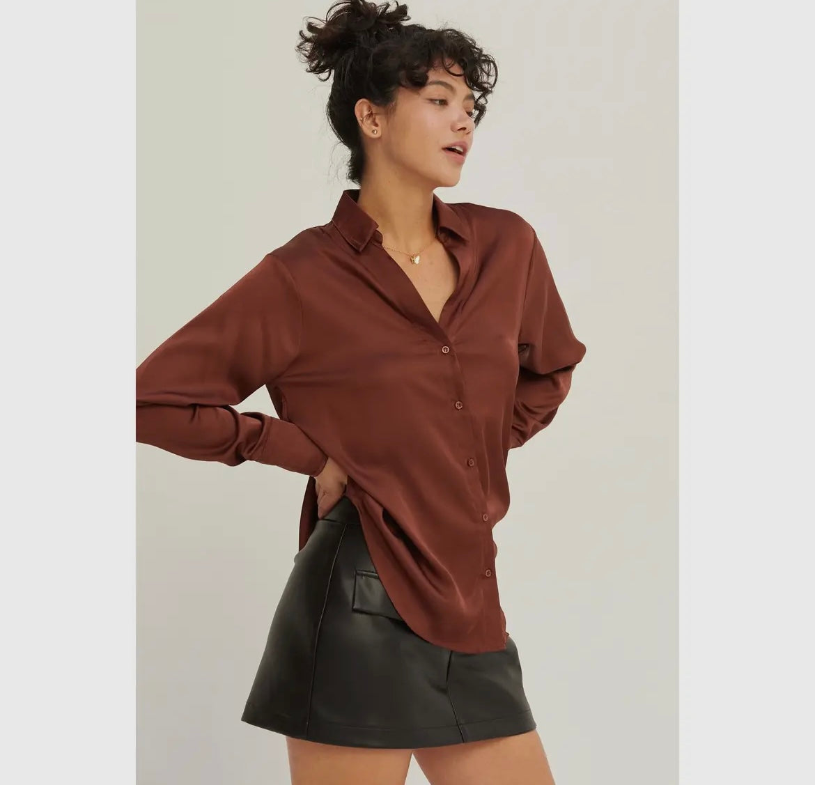 Brown Satin Long Sleeve Button Down Blouse Top