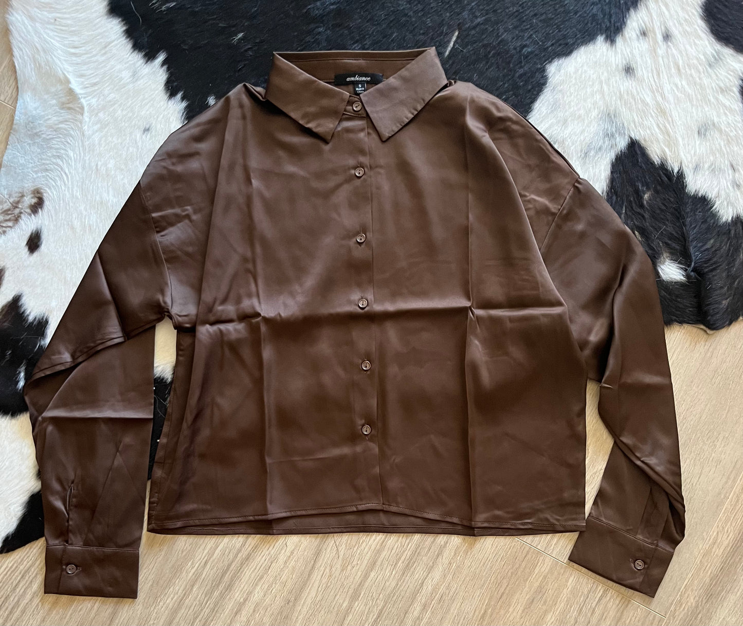 Brown Satin Long Sleeve Button Down Blouse Top