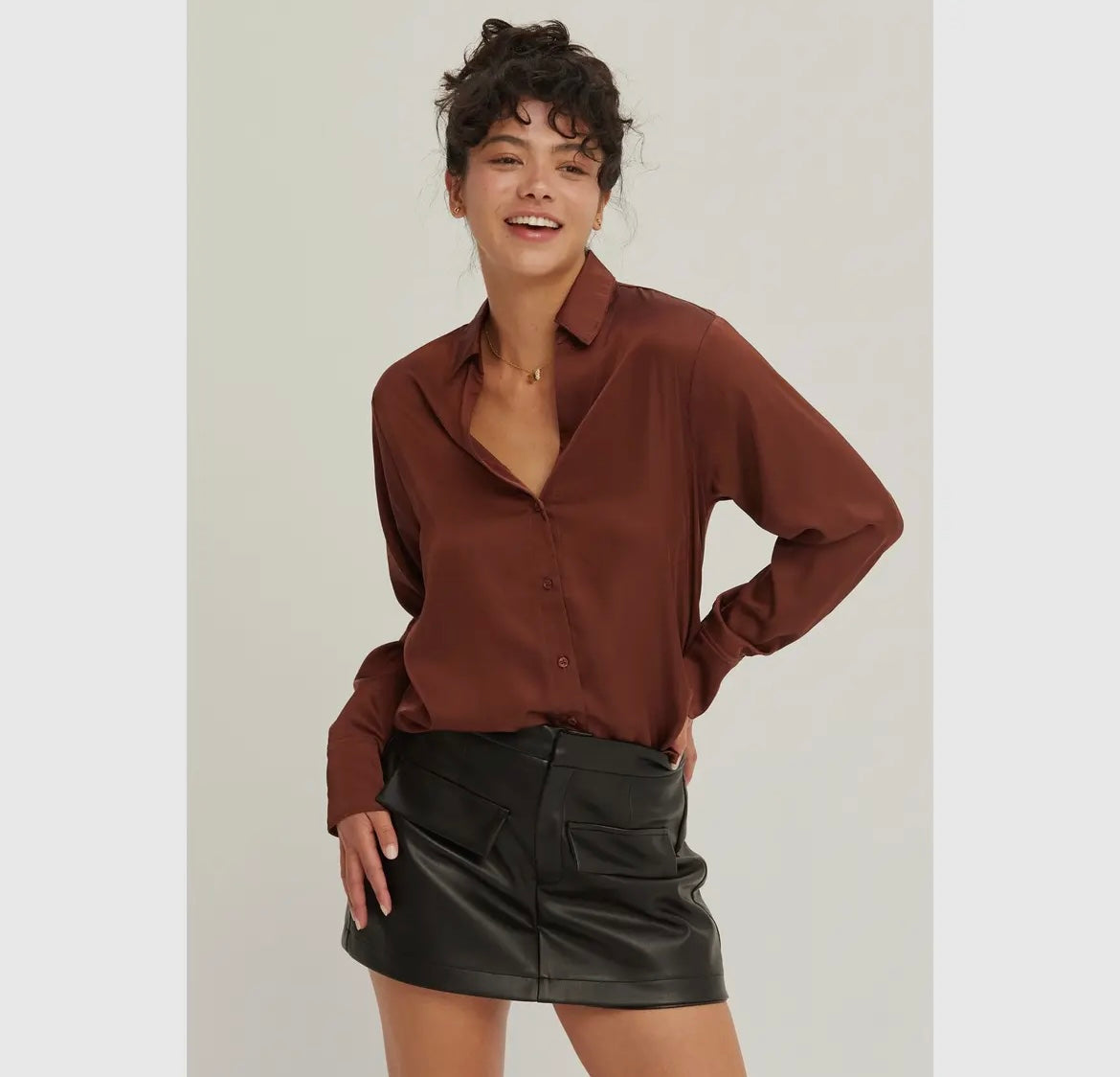 Brown Satin Long Sleeve Button Down Blouse Top