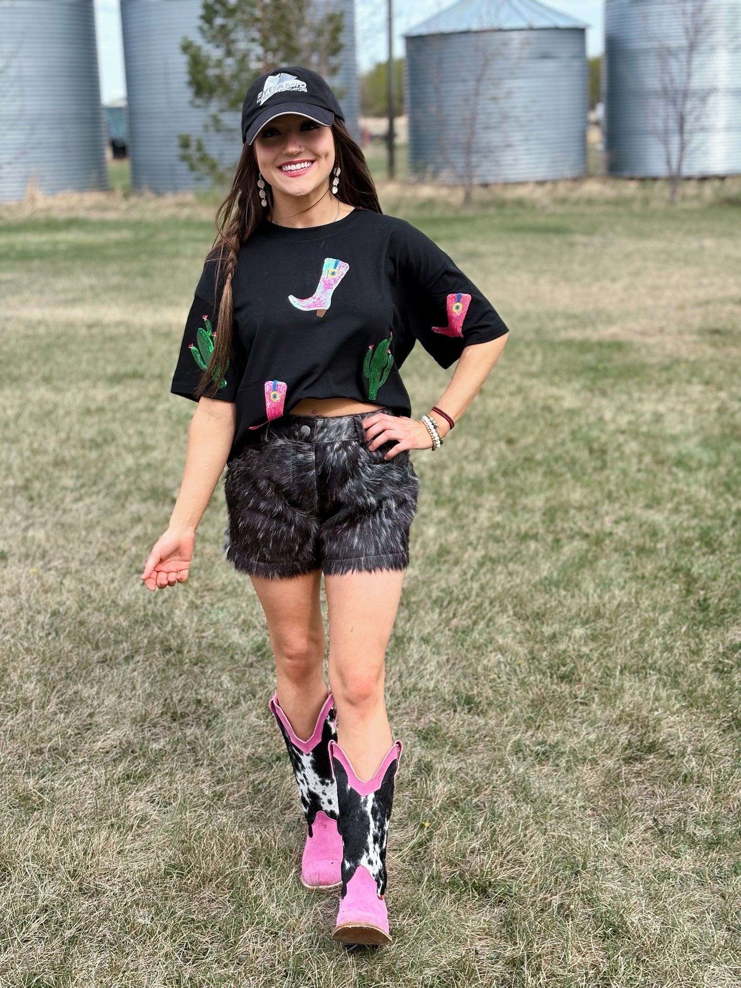 Last one large Cactus Boots sequins Embroidery Crop Tee