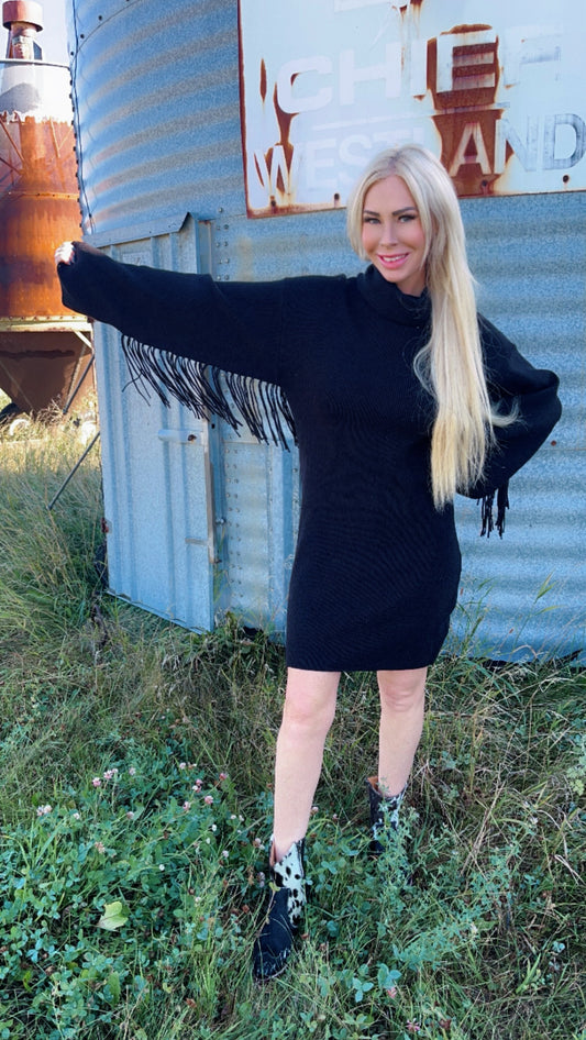 Fringe knit sweater dress