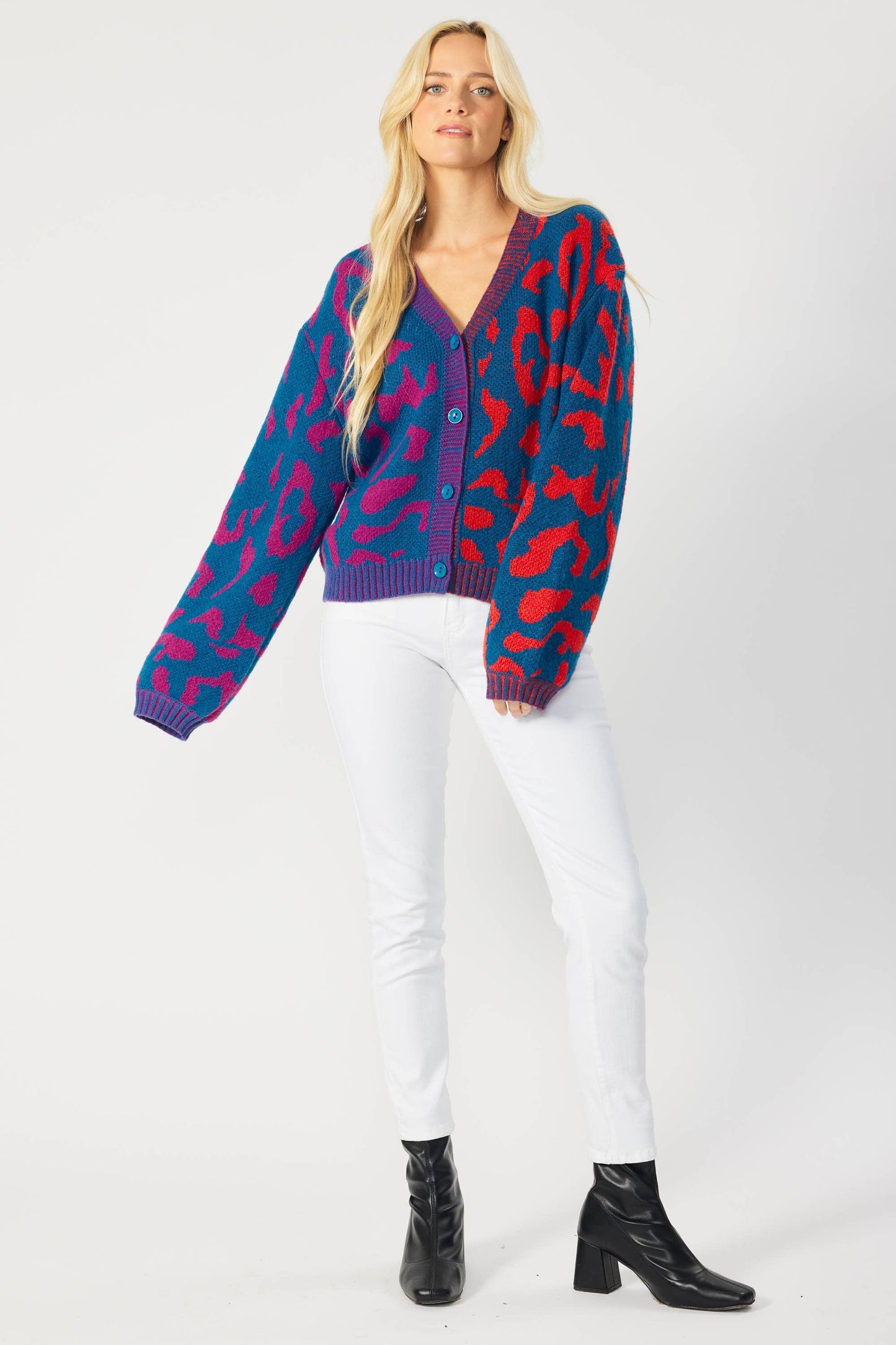 LEOPARD COLOR BLOCK BUTTON DOWN SWEATER CARDIGAN