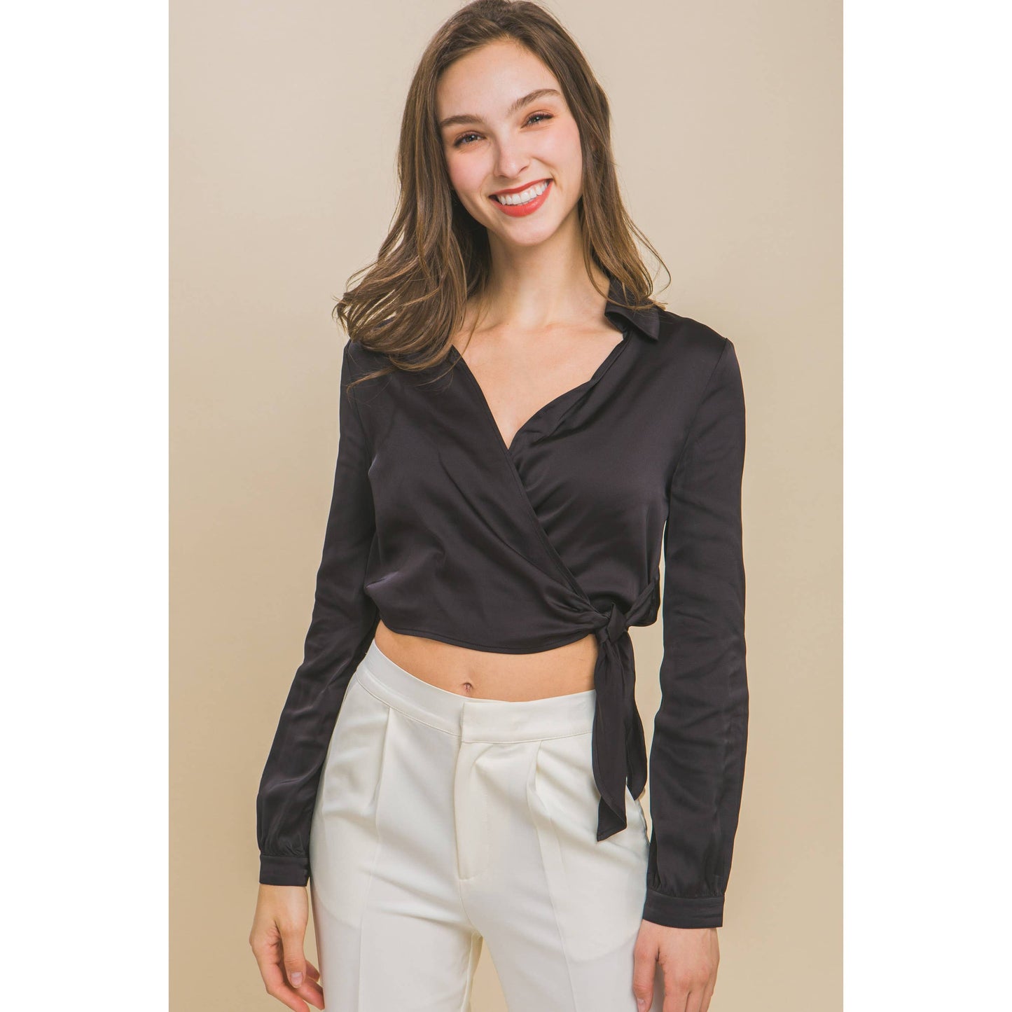 Satin Long Sleeve Crop Top with Tie Detail in black