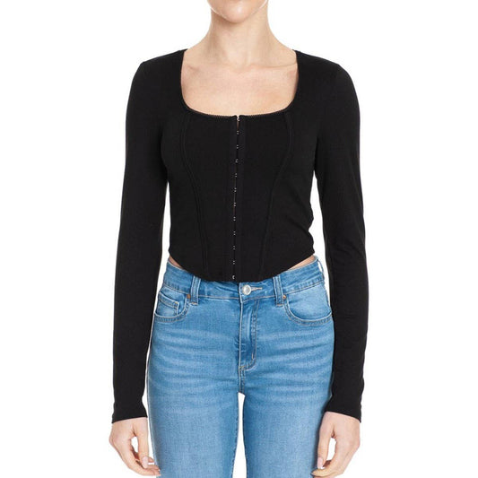 Black SQUARE NECK LONG SLEEVE CROPPED CORSET TOP