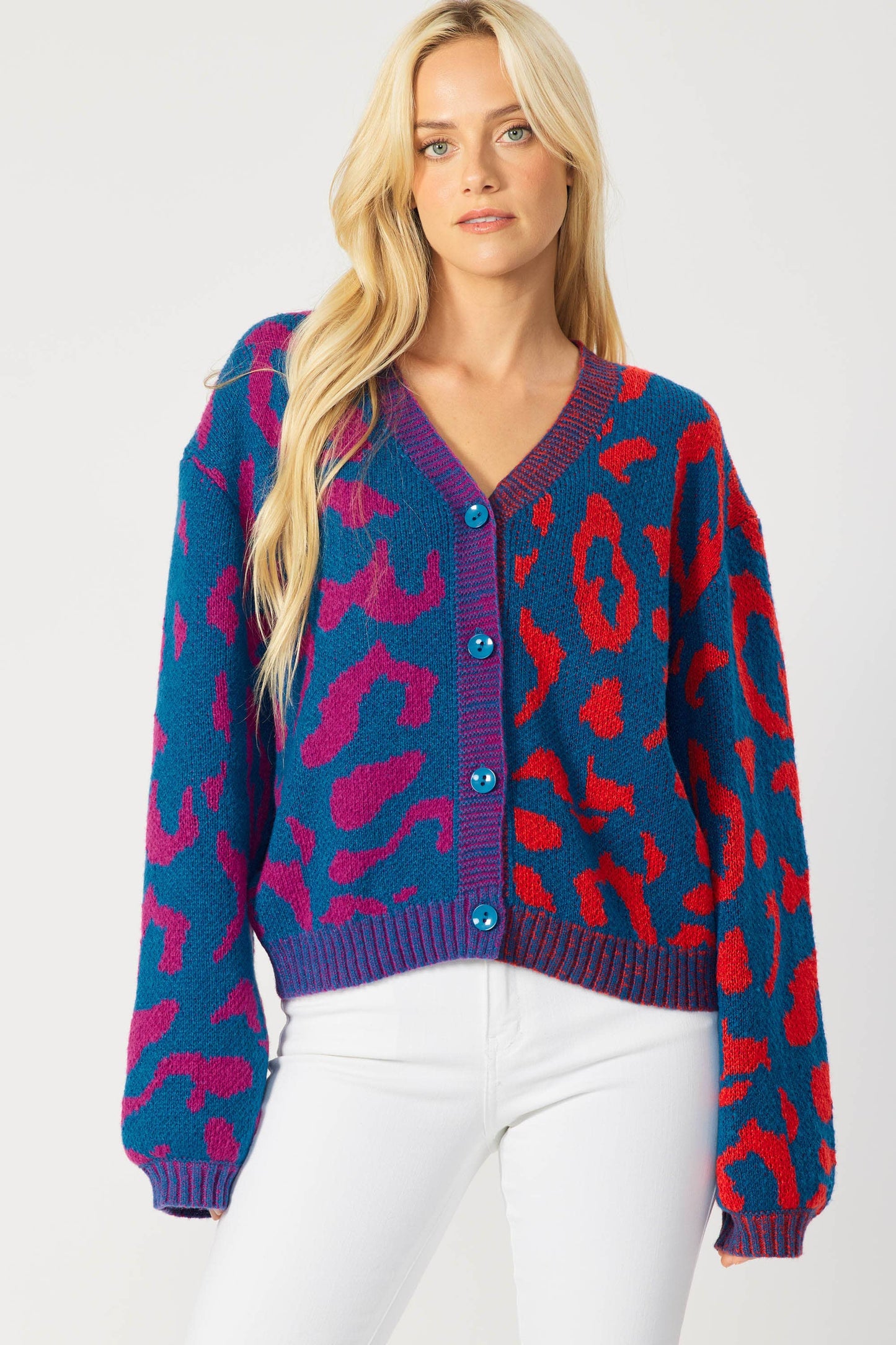 LEOPARD COLOR BLOCK BUTTON DOWN SWEATER CARDIGAN