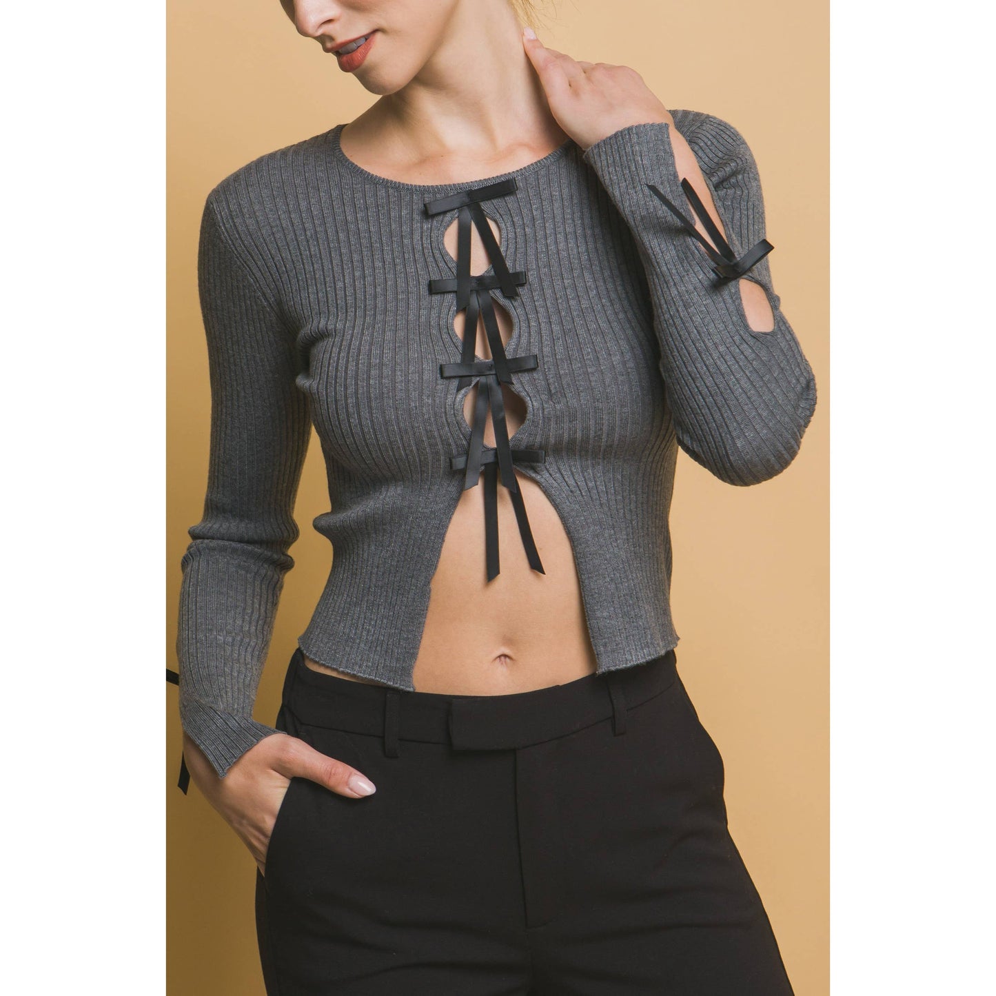 Grey Lace Up Ribbon Long Sleeve Top