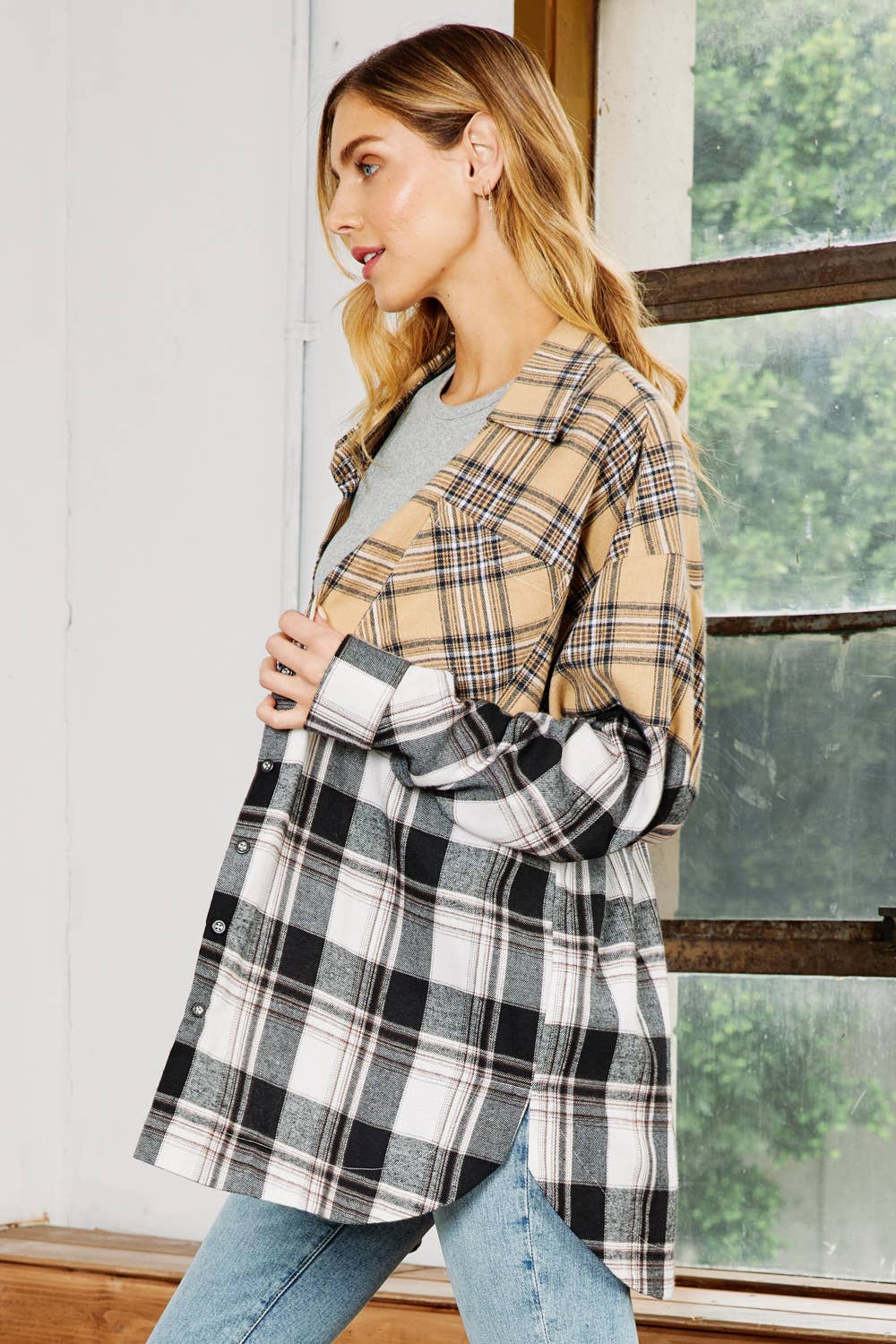 MIXED PLAID  BUTTON DOWN OVERSIZED SHIRT