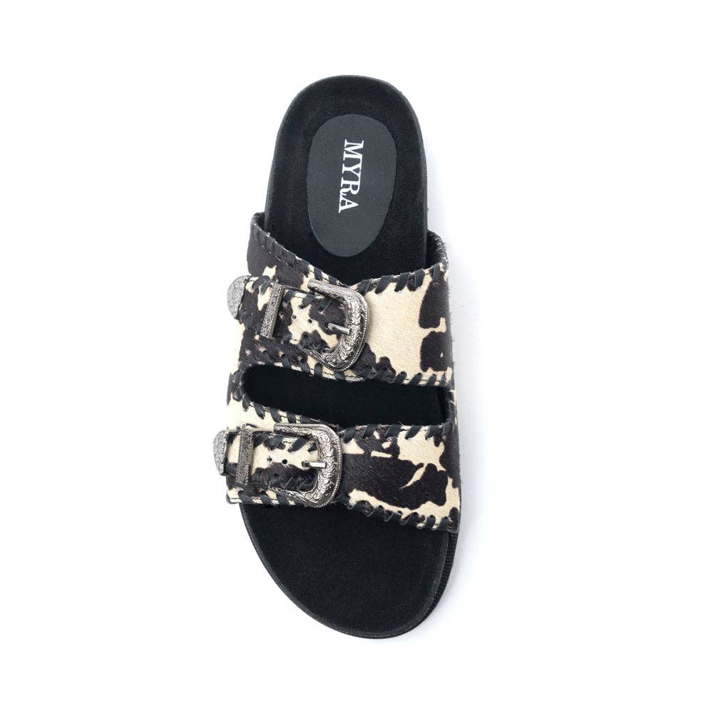 Coyote Crest Hairon Leather Sandals in Vanilla White