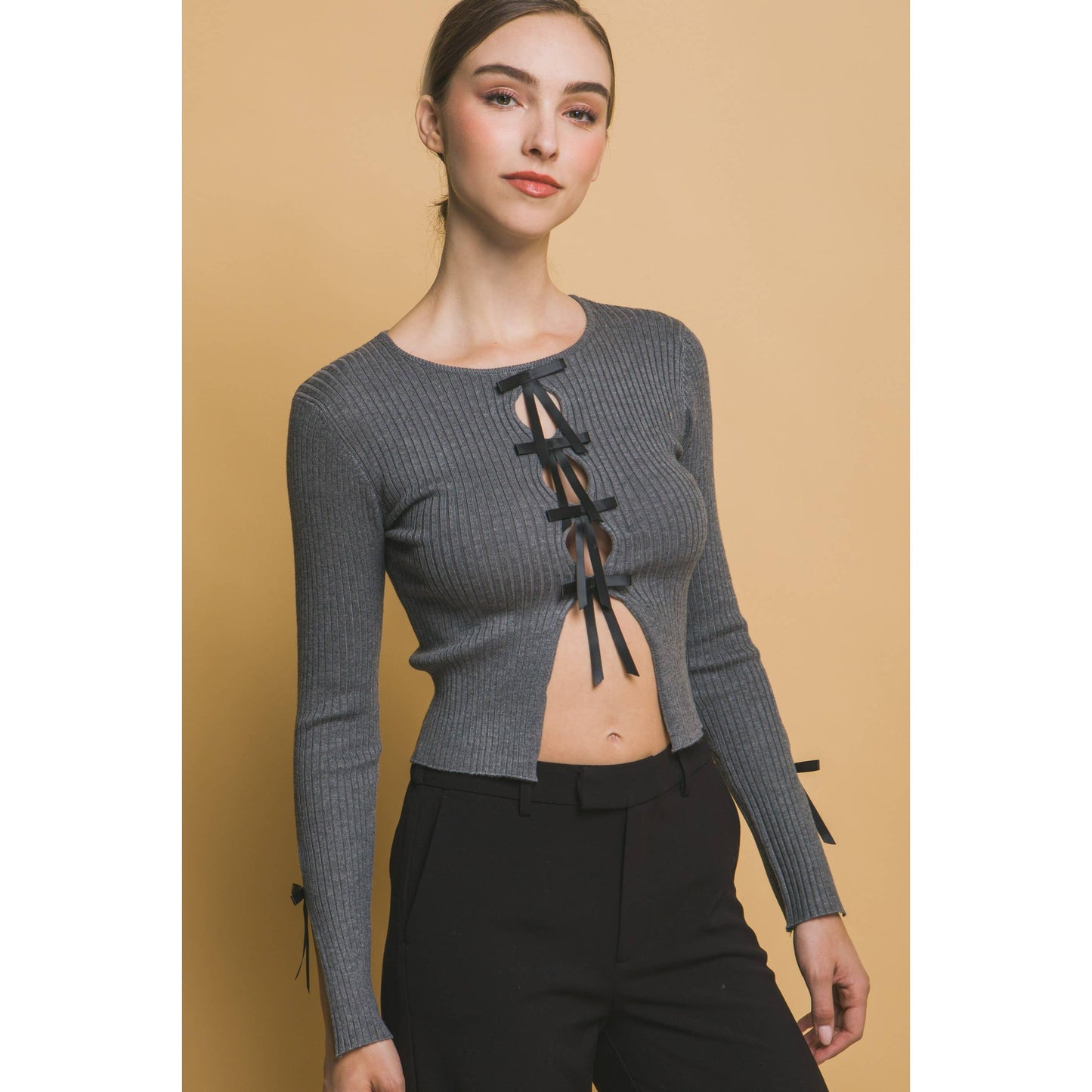 Grey Lace Up Ribbon Long Sleeve Top